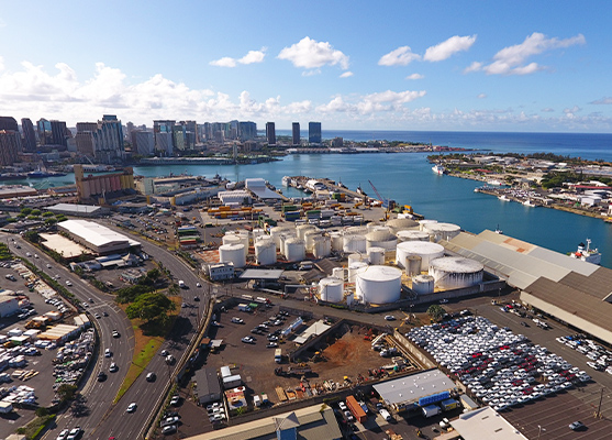 Tanker with Hawaii skyline in background